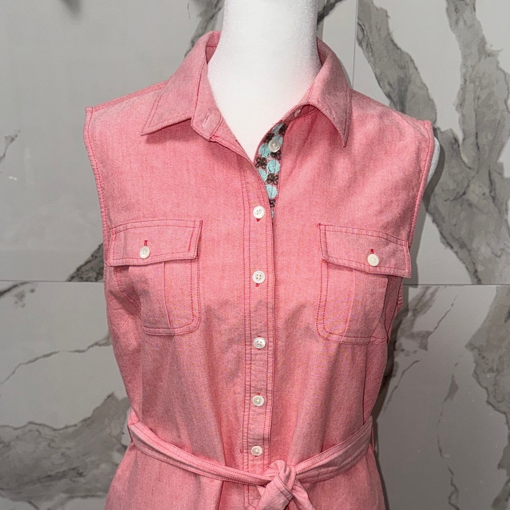Vineyard Vines Sleeveless Pink Button-Front Shirt Dress with Waist Tie - Picture 2 of 7